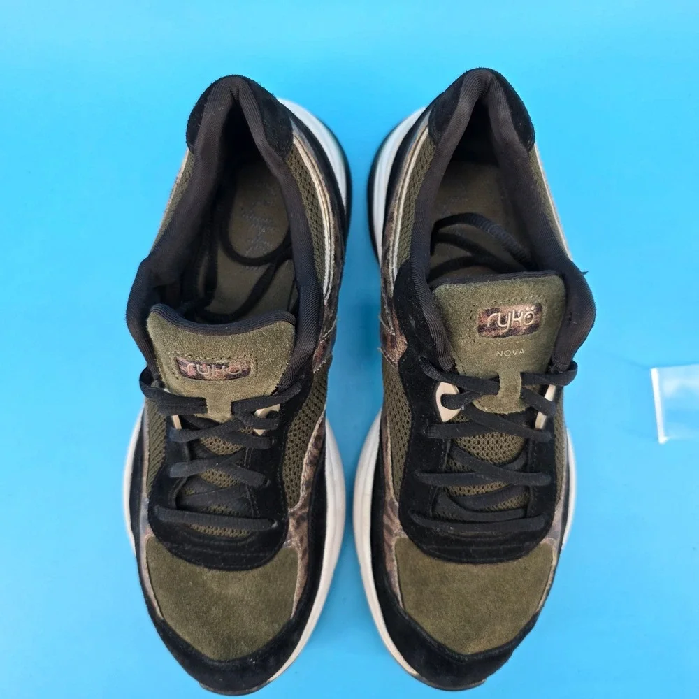 Ryka Nova Womens Walking Shoes Olive Green Black Leopard Print Sneakers Size 10M